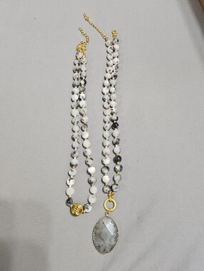 2Pc. Beaded gemstone necklace featuring an oval pendant